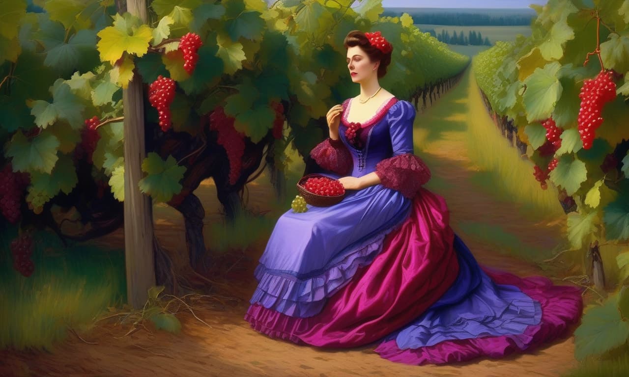  Victorian Beauty in Sadness A pretty dress with a bunch of grapes from the 1870s is gathering, a masterpiece. Bright colors. Digital image, charming composition, Greg Ruthkovski. In other words, the painting shows a beautiful woman from the Victorian era wearing a brightly colored dress with a bunch of grapes, as she picks them in the 1870s. The artwork is considered a masterpiece created by Greg Ruthkovski. hyperrealistic, full body, detailed clothing, highly detailed, cinematic lighting, stunningly beautiful, intricate, sharp focus, f/1. 8, 85mm, (centered image composition), (professionally color graded), ((bright soft diffused light)), volumetric fog, trending on instagram, trending on tumblr, HDR 4K, 8K