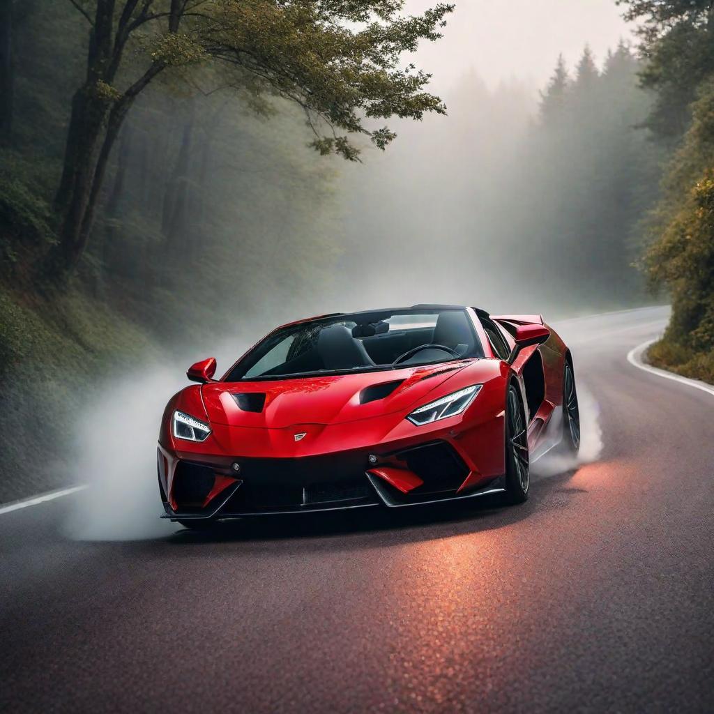  Sleek red sports car speeding down winding roads, dramatic, cinematic hyperrealistic, full body, detailed clothing, highly detailed, cinematic lighting, stunningly beautiful, intricate, sharp focus, f/1. 8, 85mm, (centered image composition), (professionally color graded), ((bright soft diffused light)), volumetric fog, trending on instagram, trending on tumblr, HDR 4K, 8K