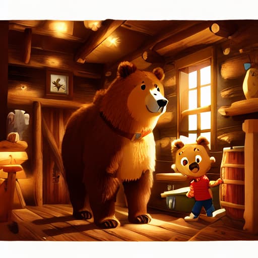  a boy and a bear standing, in cabin