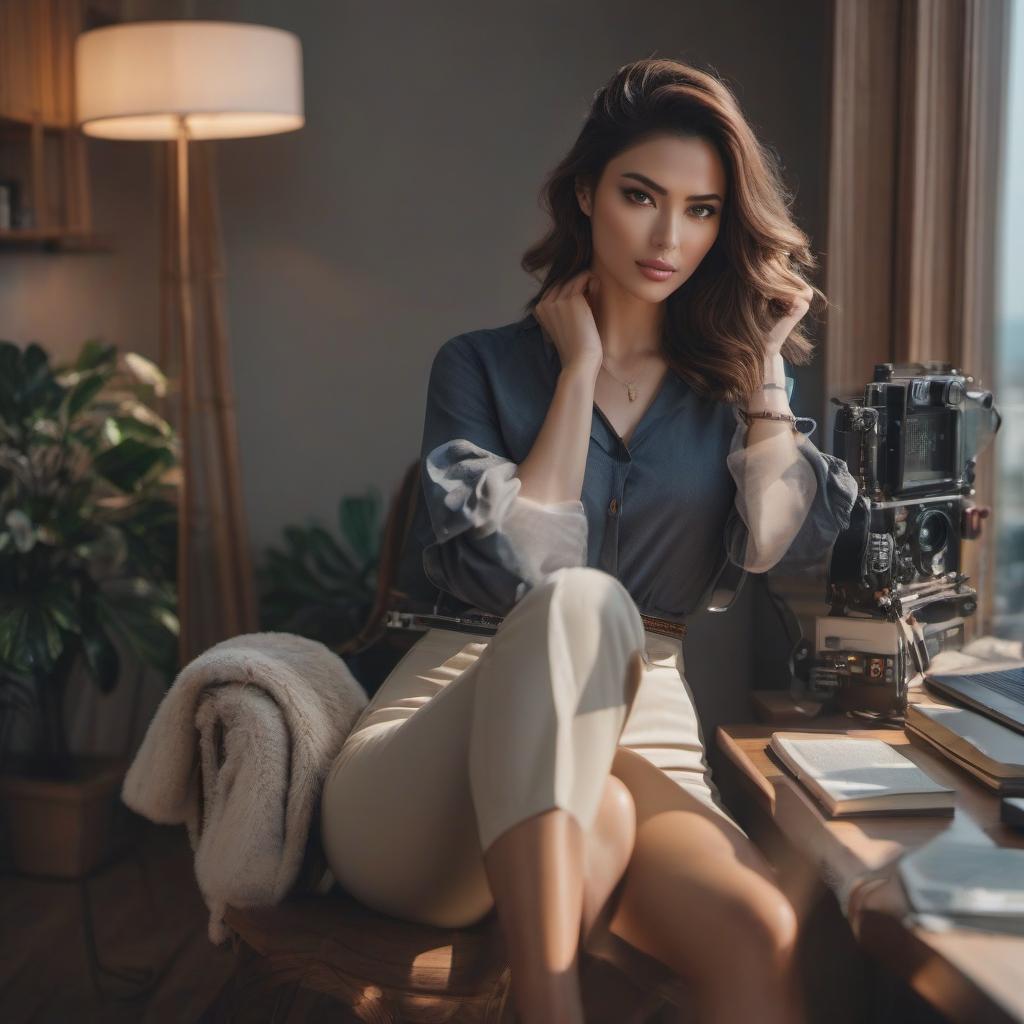  A girl is sitting at home with her computer planning her vacation. She is thoughtful and beautiful. hyperrealistic, full body, detailed clothing, highly detailed, cinematic lighting, stunningly beautiful, intricate, sharp focus, f/1. 8, 85mm, (centered image composition), (professionally color graded), ((bright soft diffused light)), volumetric fog, trending on instagram, trending on tumblr, HDR 4K, 8K