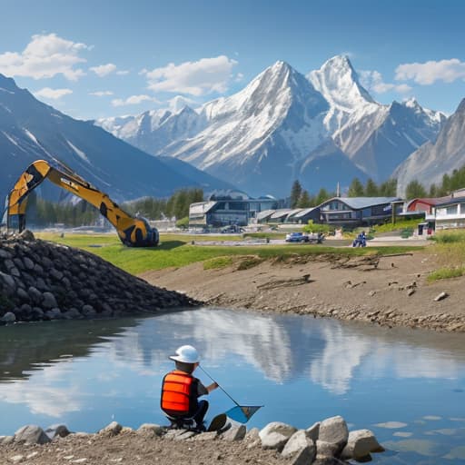  A child fishing on an excavator with mountains, lakes, birds, white clouds,