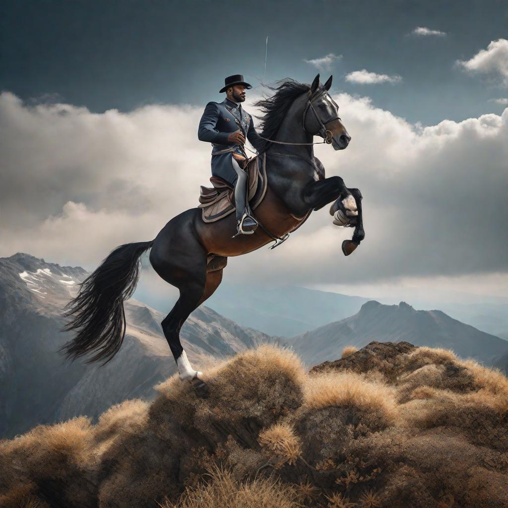  Un caballo negro con alas volando sobre las montañas hyperrealistic, full body, detailed clothing, highly detailed, cinematic lighting, stunningly beautiful, intricate, sharp focus, f/1. 8, 85mm, (centered image composition), (professionally color graded), ((bright soft diffused light)), volumetric fog, trending on instagram, trending on tumblr, HDR 4K, 8K