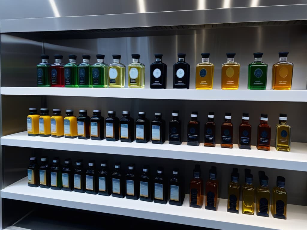  A minimalistic image of various branded bottles of essences and extracts lined up neatly on a sleek, modern kitchen counter. Each bottle is elegantly designed, with labels showcasing different wellknown brands. The focus is on the vibrant colors and varied shapes of the bottles, creating a visually appealing and professional aesthetic that complements the informative tone of the article. hyperrealistic, full body, detailed clothing, highly detailed, cinematic lighting, stunningly beautiful, intricate, sharp focus, f/1. 8, 85mm, (centered image composition), (professionally color graded), ((bright soft diffused light)), volumetric fog, trending on instagram, trending on tumblr, HDR 4K, 8K