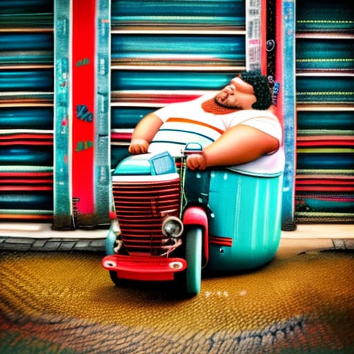 wa-vy style chubby boy leaning to a wall hugging a huge can of paint in a garage hyperrealistic, full body, detailed clothing, highly detailed, cinematic lighting, stunningly beautiful, intricate, sharp focus, f/1. 8, 85mm, (centered image composition), (professionally color graded), ((bright soft diffused light)), volumetric fog, trending on instagram, trending on tumblr, HDR 4K, 8K