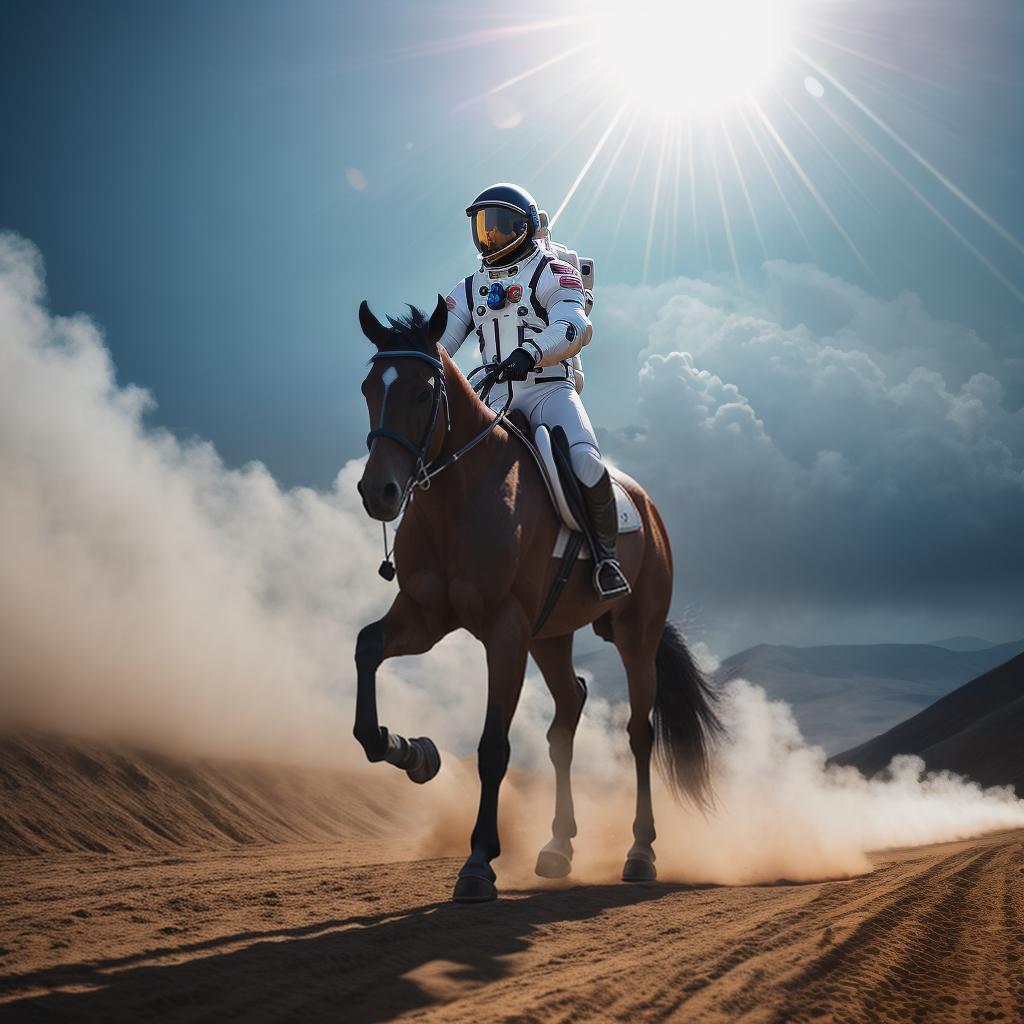  photograph of an astronaut riding a horse hyperrealistic, full body, detailed clothing, highly detailed, cinematic lighting, stunningly beautiful, intricate, sharp focus, f/1. 8, 85mm, (centered image composition), (professionally color graded), ((bright soft diffused light)), volumetric fog, trending on instagram, trending on tumblr, HDR 4K, 8K