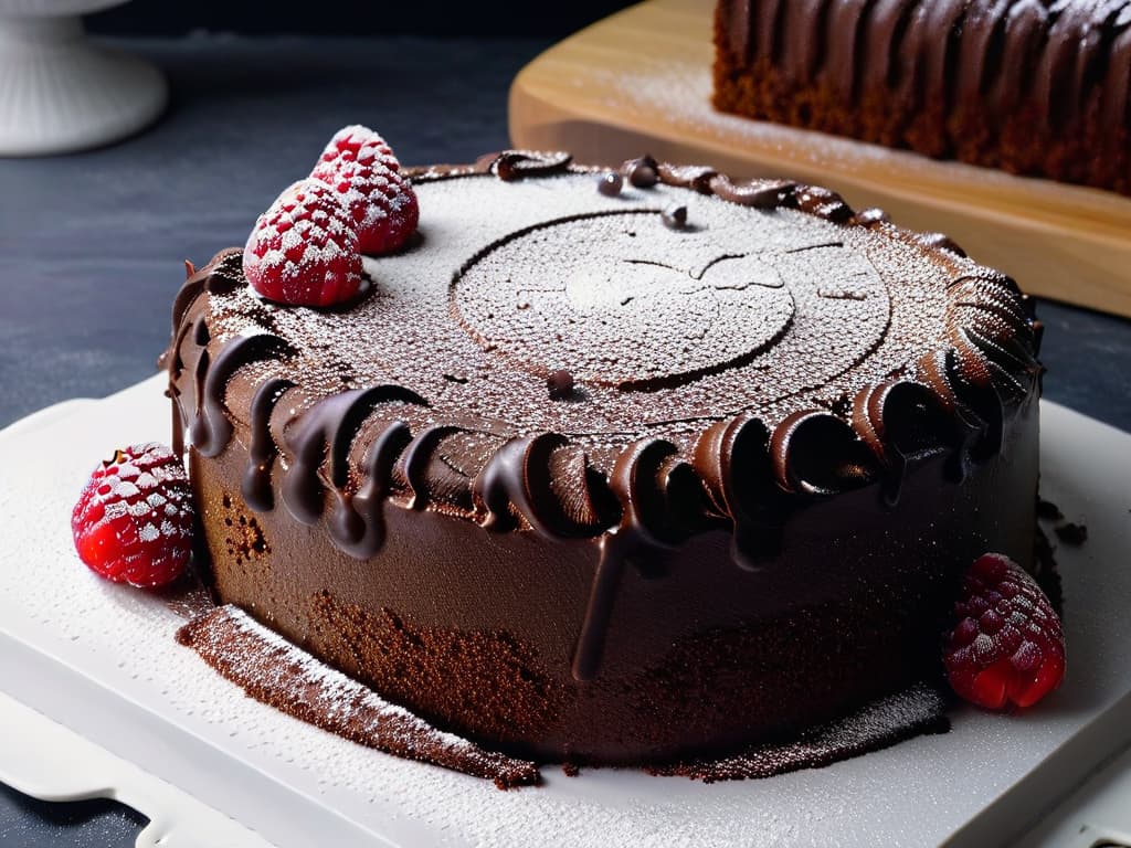  A closeup, ultradetailed image of a decadent chocolate quinoa cake topped with fresh raspberries and a dusting of powdered sugar, displayed on a sleek, modern white plate against a minimalist black backdrop. The rich, moist texture of the cake is highlighted, with each individual quinoa grain visible in the velvety chocolate crumb, and the vibrant red of the raspberries pops against the monochromatic color scheme, creating a visually striking and appetizing composition. hyperrealistic, full body, detailed clothing, highly detailed, cinematic lighting, stunningly beautiful, intricate, sharp focus, f/1. 8, 85mm, (centered image composition), (professionally color graded), ((bright soft diffused light)), volumetric fog, trending on instagram, trending on tumblr, HDR 4K, 8K