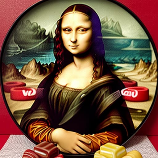  The Mona Lisa holding a white plate of fine dark chocolate candy pieces in red candy cups. Enlarge background. Painted in the style of Leonardo Da Vinci.