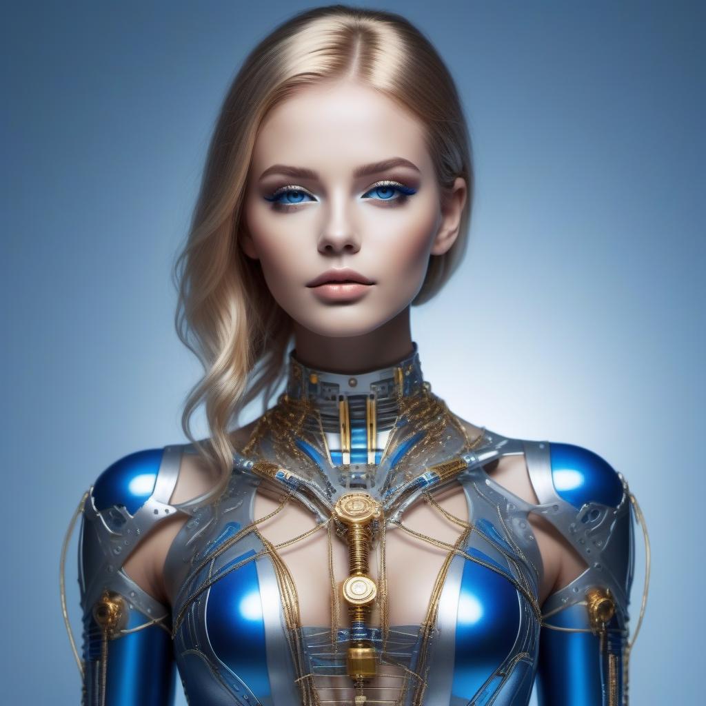  A metal silver with a gold robot, the wires in a blue glow with a beautiful face of a girl are visible.Style art