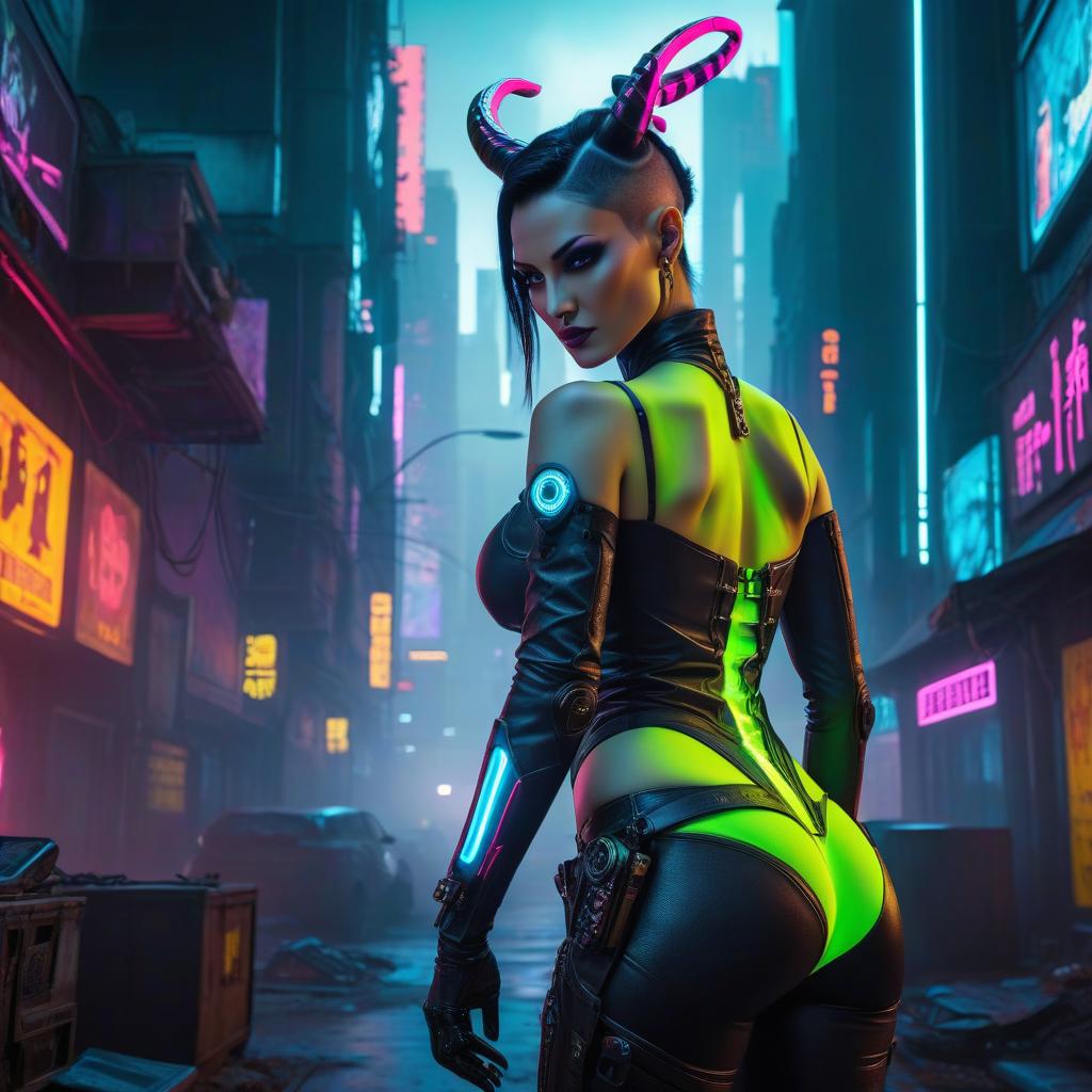  cyberpunk game style To the utmost height. Human. Bent horns. Long tail. Succubus. Athletic body. Vivid neon colors. Prosthetic hands. . neon, dystopian, futuristic, digital, vibrant, detailed, high contrast, reminiscent of cyberpunk genre video games hyperrealistic, full body, detailed clothing, highly detailed, cinematic lighting, stunningly beautiful, intricate, sharp focus, f/1. 8, 85mm, (centered image composition), (professionally color graded), ((bright soft diffused light)), volumetric fog, trending on instagram, trending on tumblr, HDR 4K, 8K