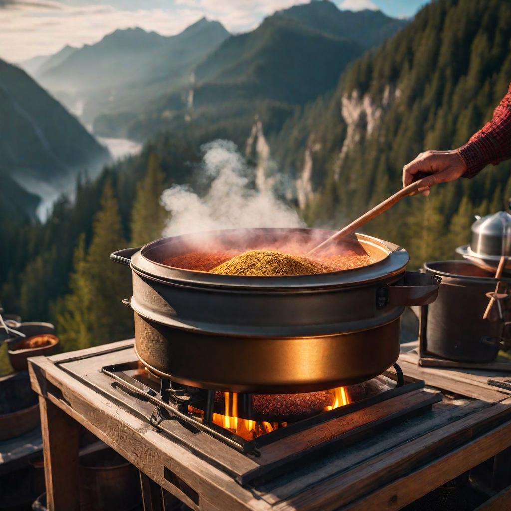  eyeball is cooking money in large pot by mountains hyperrealistic, full body, detailed clothing, highly detailed, cinematic lighting, stunningly beautiful, intricate, sharp focus, f/1. 8, 85mm, (centered image composition), (professionally color graded), ((bright soft diffused light)), volumetric fog, trending on instagram, trending on tumblr, HDR 4K, 8K