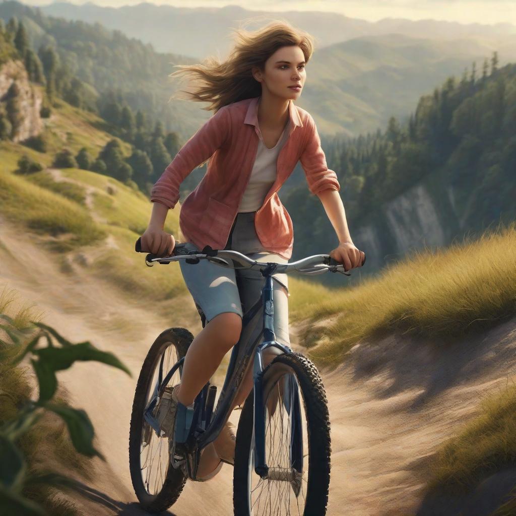  a beautiful girl on hillside riding a bike, 4k, ultra realistic