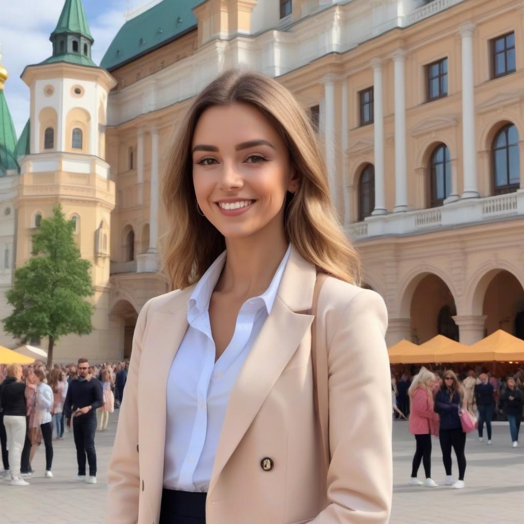  Draw a painting in the style of painting: a happy girl in business clothes against the backdrop of the concert hall in Moscow