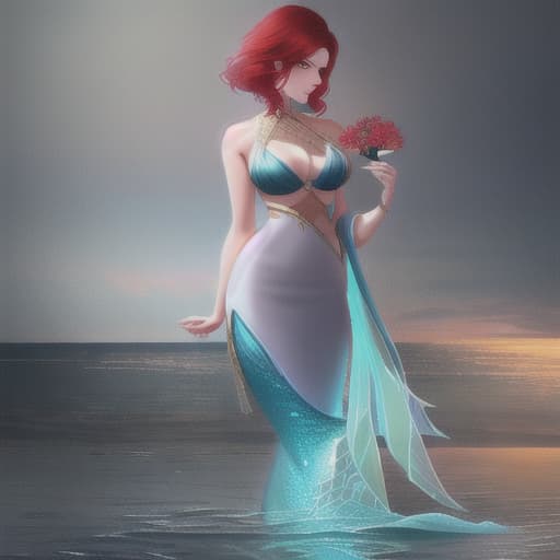  Mermaid , siren core , short red hair hyperrealistic, full body, detailed clothing, highly detailed, cinematic lighting, stunningly beautiful, intricate, sharp focus, f/1. 8, 85mm, (centered image composition), (professionally color graded), ((bright soft diffused light)), volumetric fog, trending on instagram, trending on tumblr, HDR 4K, 8K