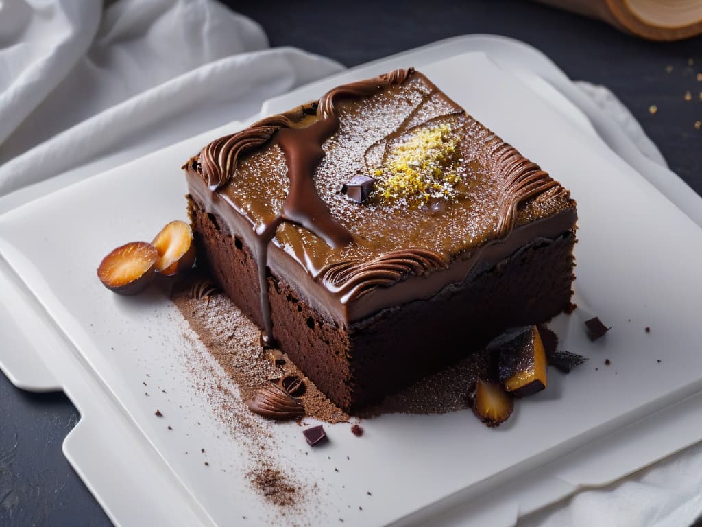  A closeup, ultradetailed image of a perfectly cracked, fudgy brownie with a shiny, rich chocolate glaze on top, sitting on a sleek, modern white plate against a black background. The brownie is sprinkled with a dusting of cocoa powder, and the texture is so detailed that you can see the individual crumbs and moistness of the dessert. The contrast between the dark brownie and the white plate creates a striking visual impact, emphasizing the intense flavor and perfect texture of the brownie. hyperrealistic, full body, detailed clothing, highly detailed, cinematic lighting, stunningly beautiful, intricate, sharp focus, f/1. 8, 85mm, (centered image composition), (professionally color graded), ((bright soft diffused light)), volumetric fog, trending on instagram, trending on tumblr, HDR 4K, 8K