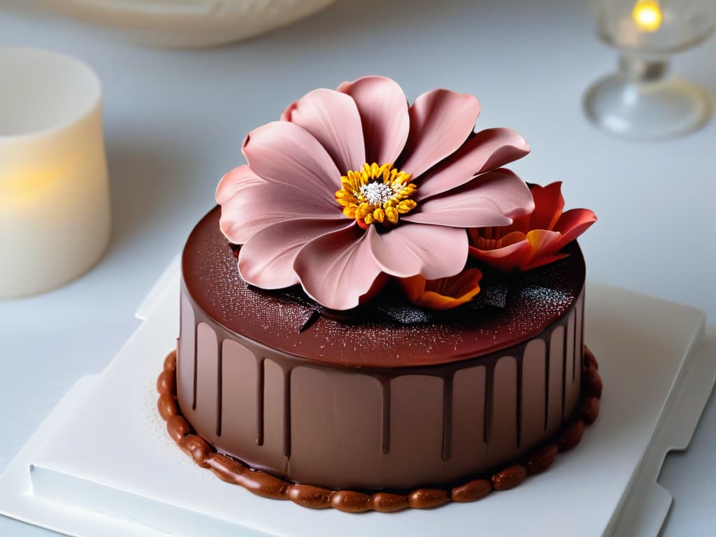  An ultradetailed image of a delicate, handcrafted sugar flower resting on top of a luxurious chocolate mousse dessert. The flower is intricately detailed, with each petal and stamen clearly defined, showcasing the skill and artistry involved in creating such a beautiful edible decoration. The dessert itself is elegantly presented on a white porcelain plate, emphasizing the simplicity and sophistication of the overall composition. The lighting is soft and focused, highlighting the textures and colors of the dessert and the sugar flower, creating a visually stunning and mouthwatering image that perfectly captures the essence of elevating desserts with the perfect finishing touch. hyperrealistic, full body, detailed clothing, highly detailed, cinematic lighting, stunningly beautiful, intricate, sharp focus, f/1. 8, 85mm, (centered image composition), (professionally color graded), ((bright soft diffused light)), volumetric fog, trending on instagram, trending on tumblr, HDR 4K, 8K