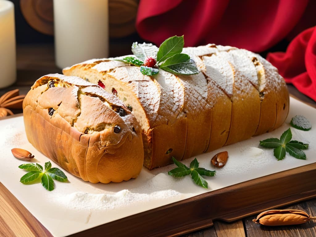  A closeup, photorealistic image of a freshly baked Stollen, dusted with powdered sugar and adorned with vibrant red and green candied fruits and almonds. The bread is perfectly golden brown, with a slight steam rising from its warm interior, sitting on a rustic wooden cutting board. The background is softly blurred, emphasizing the intricate details of the flaky crust and the tempting decorations on top. hyperrealistic, full body, detailed clothing, highly detailed, cinematic lighting, stunningly beautiful, intricate, sharp focus, f/1. 8, 85mm, (centered image composition), (professionally color graded), ((bright soft diffused light)), volumetric fog, trending on instagram, trending on tumblr, HDR 4K, 8K