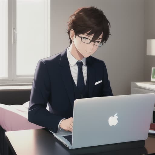  charming cow working hard on a laptop, wearing a suit, in a bedroom