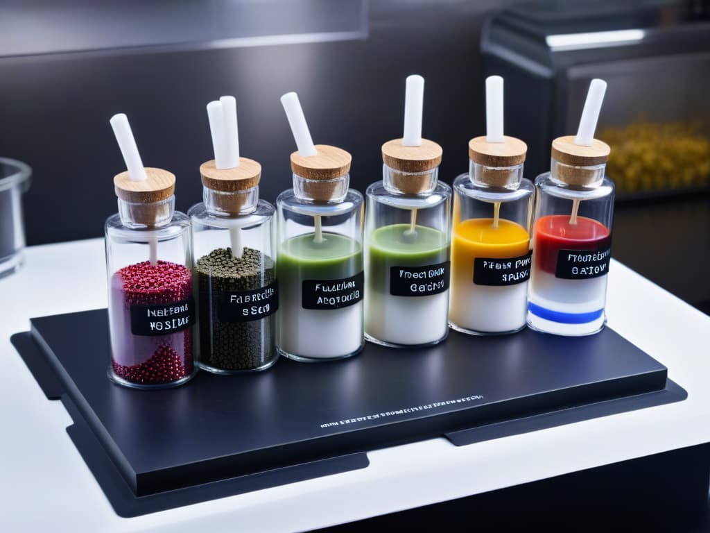  A closeup, ultradetailed image of a modern, sleek molecular gastronomy kit with various vials of stabilizers and gelling agents neatly organized on a black marble countertop. The labels on the vials are crisp and legible, showcasing the scientific precision and attention to detail essential in molecular pastry making. The soft, diffused lighting highlights the elegance and sophistication of the tools, emphasizing the fusion of culinary artistry and scientific innovation in the world of molecular gastronomy. hyperrealistic, full body, detailed clothing, highly detailed, cinematic lighting, stunningly beautiful, intricate, sharp focus, f/1. 8, 85mm, (centered image composition), (professionally color graded), ((bright soft diffused light)), volumetric fog, trending on instagram, trending on tumblr, HDR 4K, 8K