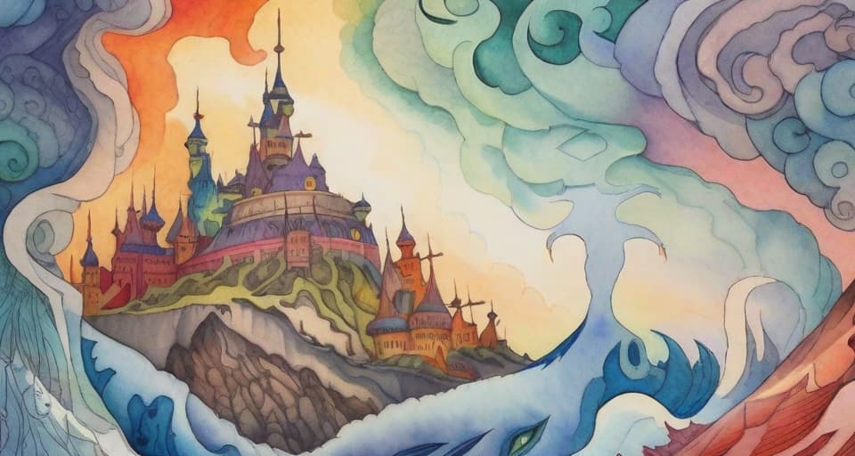  watercolor detailed painting, on paper, fantasy art, an open picture book that has smoking dreams rising from it, fantasy, storybook, vivid colours