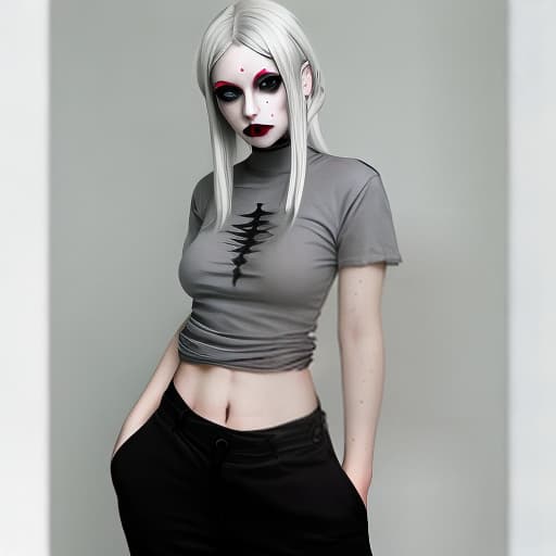  1girl, silver hair, green eyes, grey T-shirt, red saggy pants, Gothic makeup