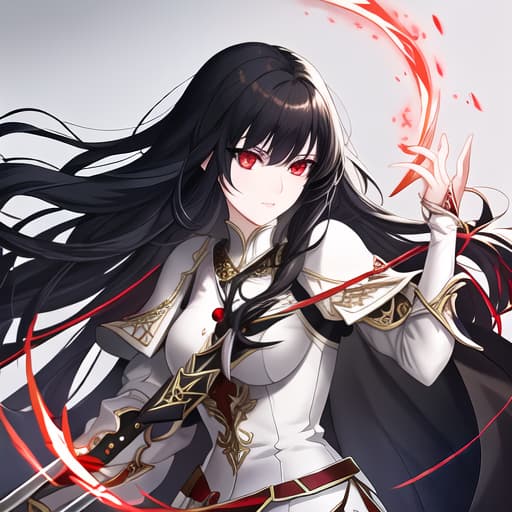  a girl manhua character with black hair and red eyes with white skin wearing knite dress and carrying a sword hyperrealistic, full body, detailed clothing, highly detailed, cinematic lighting, stunningly beautiful, intricate, sharp focus, f/1. 8, 85mm, (centered image composition), (professionally color graded), ((bright soft diffused light)), volumetric fog, trending on instagram, trending on tumblr, HDR 4K, 8K