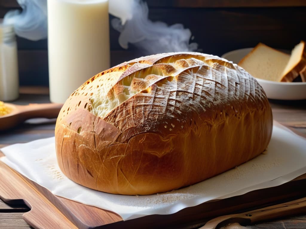  A closeup, photorealistic image of a beautifully risen sourdough bread loaf, freshly baked and cooling on a rustic wooden table. The crust glistens with a goldenbrown hue, showcasing intricate patterns from the fermentation process. Wisps of steam rise delicately from the loaf, hinting at its warmth. The background subtly features antique baking tools and scattered flour, adding a touch of nostalgia and authenticity to the scene. hyperrealistic, full body, detailed clothing, highly detailed, cinematic lighting, stunningly beautiful, intricate, sharp focus, f/1. 8, 85mm, (centered image composition), (professionally color graded), ((bright soft diffused light)), volumetric fog, trending on instagram, trending on tumblr, HDR 4K, 8K