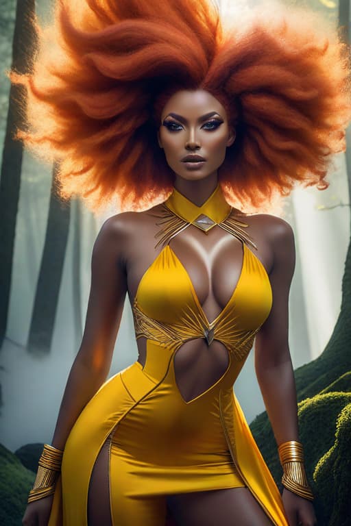  nightime, a black women with skin details, fiery afro hair, light Aureolin eyes, whymsical, fantasy, harmonious, peaceful, foggy old forest, dress like a super heros, beautiful with eyes liner realistic hyperrealistic, full body, detailed clothing, highly detailed, cinematic lighting, stunningly beautiful, intricate, sharp focus, f/1. 8, 85mm, (centered image composition), (professionally color graded), ((bright soft diffused light)), volumetric fog, trending on instagram, trending on tumblr, HDR 4K, 8K