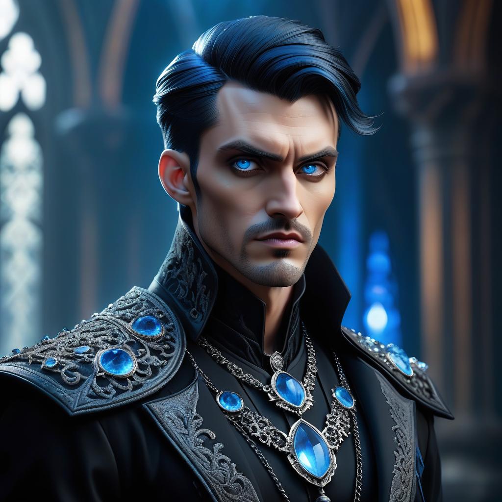  Male character with expressive gaze, in gothic attire with blue crystals. hyperrealistic, full body, detailed clothing, highly detailed, cinematic lighting, stunningly beautiful, intricate, sharp focus, f/1. 8, 85mm, (centered image composition), (professionally color graded), ((bright soft diffused light)), volumetric fog, trending on instagram, trending on tumblr, HDR 4K, 8K