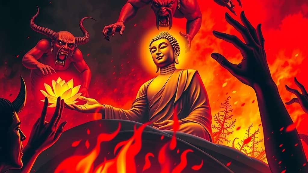  good quality, high quality, n this vivid depiction, buddha is shown descending into the fiery depths of hell, surrounded by tormented souls and demonic figures. the environment is harsh, with flames and dark shadows contrasting starkly against buddha's serene and radiant presence. buddha is depicted with an outstretched hand, offering a lotus flower to a suffering soul. his calm and compassionate demeanor brings a sense of hope and peace to the chaotic scene, symbolizing his boundless compassion and the promise of salvation for even the most tormented beings.