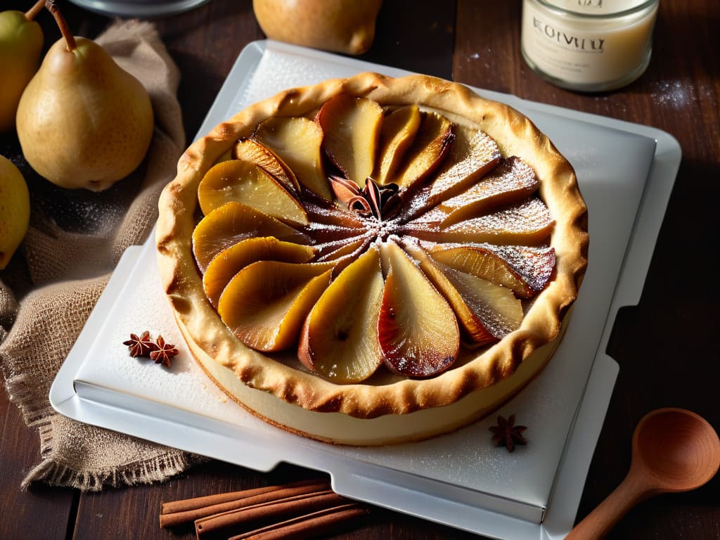  A closeup, ultradetailed photorealistic image of a freshly baked pear and spice tart resting on a rustic wooden table. The goldenbrown crust is perfectly flaky, adorned with delicate slices of caramelized pears and a sprinkle of cinnamon and nutmeg. The warm hues of the tart contrast beautifully with the rich colors of the table, creating a cozy and inviting atmosphere that evokes the essence of winter baking. hyperrealistic, full body, detailed clothing, highly detailed, cinematic lighting, stunningly beautiful, intricate, sharp focus, f/1. 8, 85mm, (centered image composition), (professionally color graded), ((bright soft diffused light)), volumetric fog, trending on instagram, trending on tumblr, HDR 4K, 8K