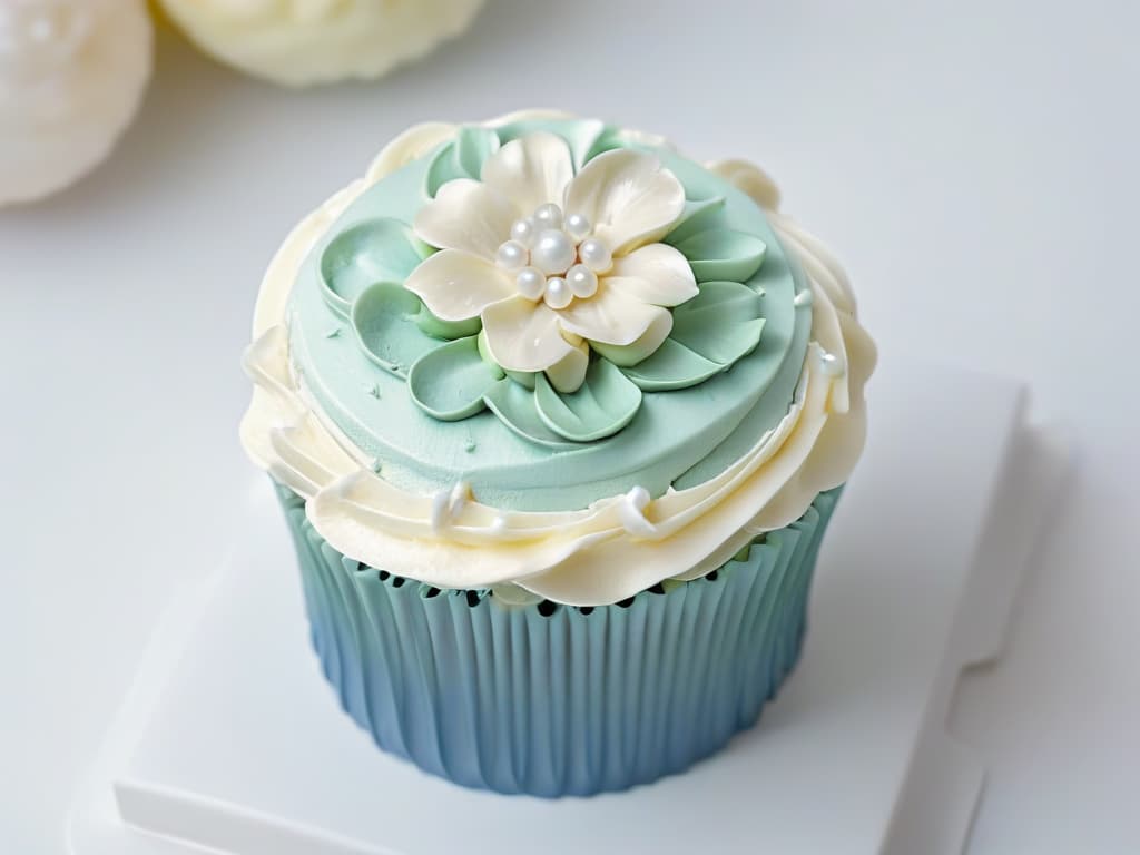  A closeup, ultradetailed image of a perfectly frosted and decorated cupcake, showcasing intricate piping work with delicate swirls of pastelcolored buttercream, topped with shimmering edible pearls and tiny fondant flowers, set against a clean white background to highlight the precision and artistry of the pastry decoration. hyperrealistic, full body, detailed clothing, highly detailed, cinematic lighting, stunningly beautiful, intricate, sharp focus, f/1. 8, 85mm, (centered image composition), (professionally color graded), ((bright soft diffused light)), volumetric fog, trending on instagram, trending on tumblr, HDR 4K, 8K