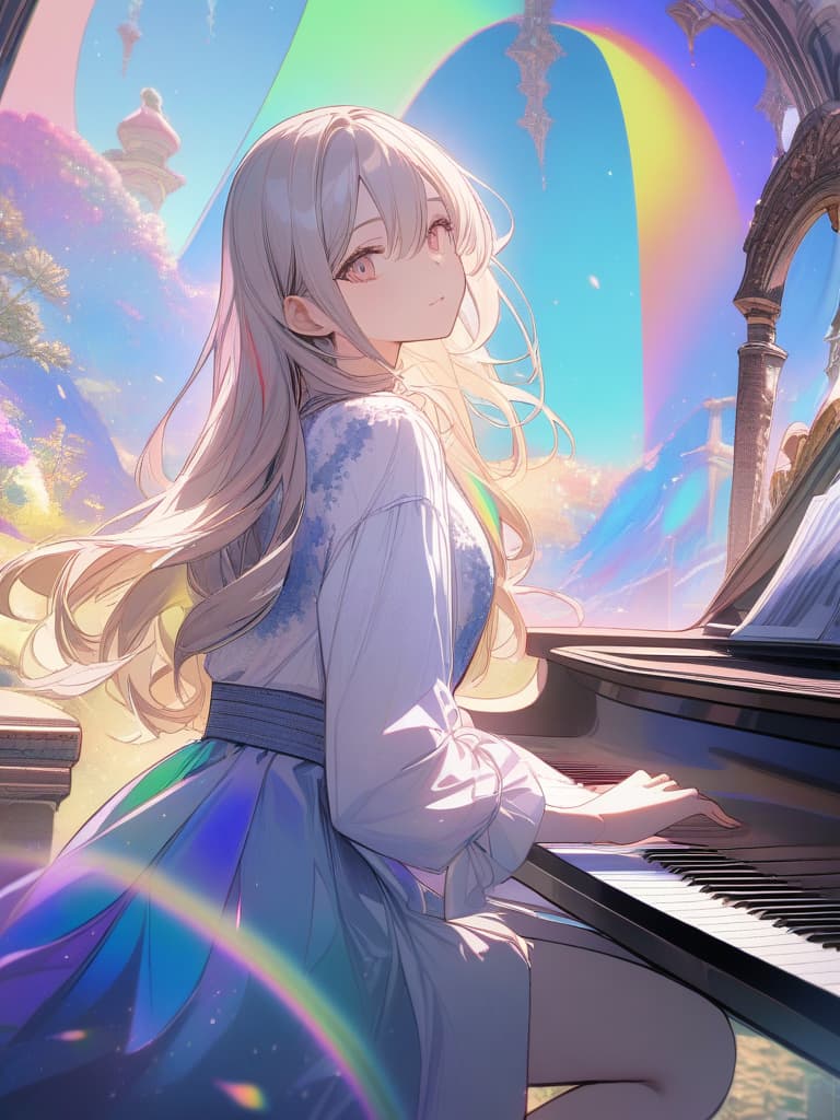  Set in a fantastic and mysterious rainbow colored world, a perfect beautiful girl is sitting on the stairs of a crystal shining in a rainbow colored color and playing a rainbow glass piano. Her hair, eyes, and dresses are all rainbow colored, with rainbow clouds in the background. The beautiful girl's hands are beautiful and detailed, so please finish it in a very detailed animation style. The overall atmosphere should be unrealistic and full of fantasy elements. ", masterpiece, best quality,8k,ultra detailed,high resolution,an extremely delicate and beautiful,hyper detail