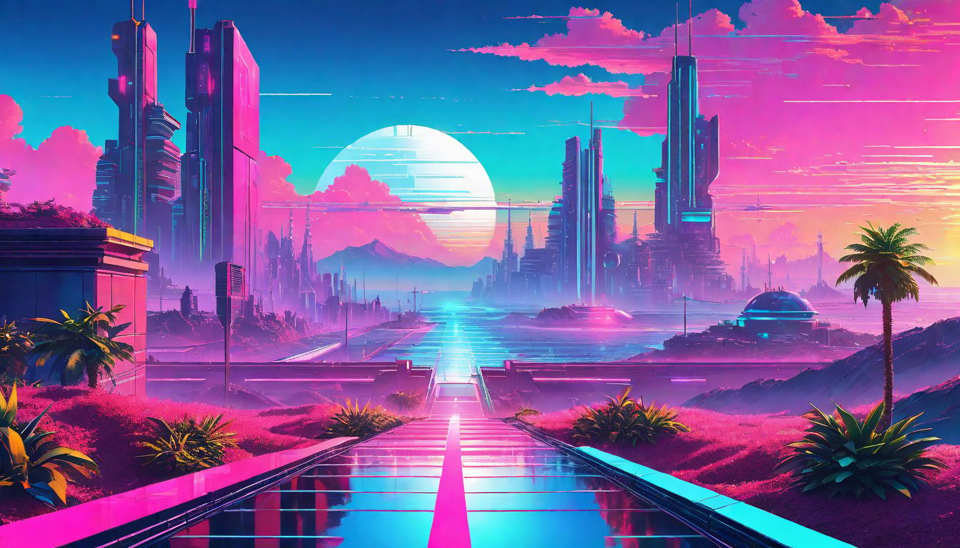  vaporwave,cyberpunk game style A path leading to a sunrise over the horizon, clear and unobstructed. New beginnings, true alignment, unfiltered dawn, journey aligned with inner purposeeon, dystopian, futuristic, digital, vibrant, detailed, high contrast, reminiscent of cyberpunk genre video games,retro aesthetic, cyberpunk, vibrant, neon colors, vintage 80s and 90s style, highly detailed