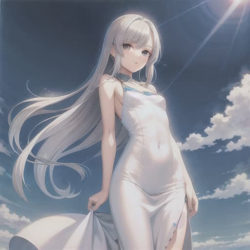  master piece , best quality,Straight hair to shoulder length, silver hair, Yoshitaka Amano style painting style, wearing a long white dress, blue sky in the background