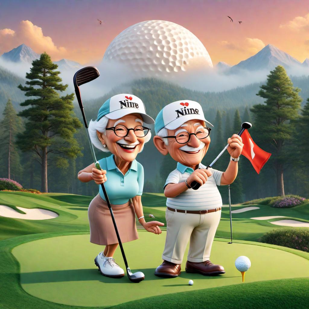  A fun and lively logo for a 'Nine and Dine Couples Golf Outing' event, featuring cartoon characters of an elderly couple holding golf clubs and smiling, standing on a golf course. Include a dinner table with food and drinks in the background, and playful golf elements like a flying golf ball, golf flag, and golf cart. The text 'Nine and Dine' should be prominently featured in a fun and whimsical font. hyperrealistic, full body, detailed clothing, highly detailed, cinematic lighting, stunningly beautiful, intricate, sharp focus, f/1. 8, 85mm, (centered image composition), (professionally color graded), ((bright soft diffused light)), volumetric fog, trending on instagram, trending on tumblr, HDR 4K, 8K