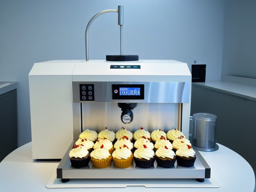  An ultradetailed, minimalist image of a sleek, modern cupcakemaking machine with a glossy white finish, featuring intuitive touch controls and a digital display. The machine is surrounded by freshly baked cupcakes and muffins in vibrant colors and intricate designs, showcasing its capability to transform ordinary ingredients into delectable treats. hyperrealistic, full body, detailed clothing, highly detailed, cinematic lighting, stunningly beautiful, intricate, sharp focus, f/1. 8, 85mm, (centered image composition), (professionally color graded), ((bright soft diffused light)), volumetric fog, trending on instagram, trending on tumblr, HDR 4K, 8K