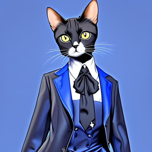  Create a well dressed cat in drip clothing black and blue , clothing written "Mwana Wevhu"