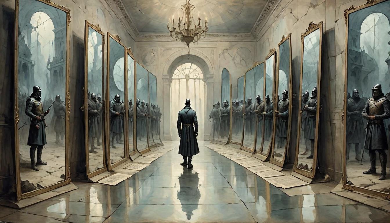  on parchment, surrealism+++, Wall of mirrors, each reflecting a shadowed figure battling unseen forces, introspection amidst conflict, reflective battlefield, hidden struggles, myriad reflections(mysterious, provocative, symbolic,muted color)+++