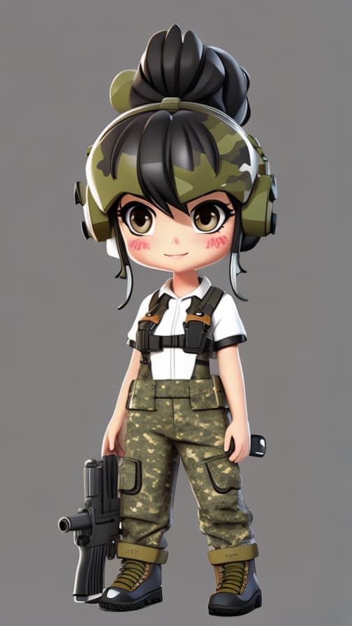  camouflage full-length portrait holding machine gun ponytail black hair chibi character girl cute