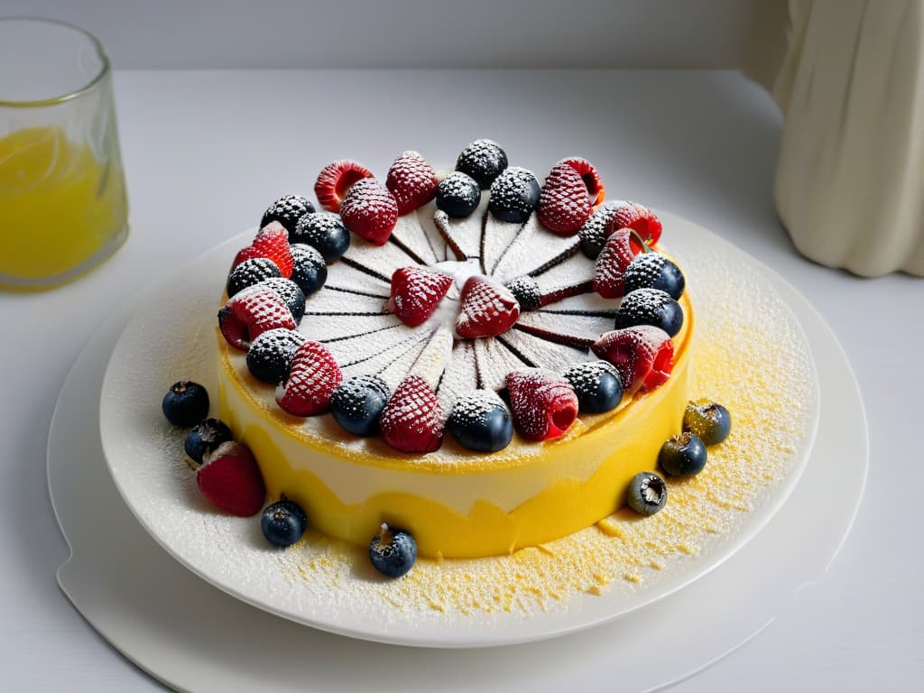  A closeup, ultradetailed image of a decadent, intricately plated fruit tart made with vibrant, fresh berries, a delicate glaze, and a dusting of powdered sugar. The tart sits on a sleek, modern white plate against a simple, elegant black background, highlighting the exquisite details of the dessert. hyperrealistic, full body, detailed clothing, highly detailed, cinematic lighting, stunningly beautiful, intricate, sharp focus, f/1. 8, 85mm, (centered image composition), (professionally color graded), ((bright soft diffused light)), volumetric fog, trending on instagram, trending on tumblr, HDR 4K, 8K