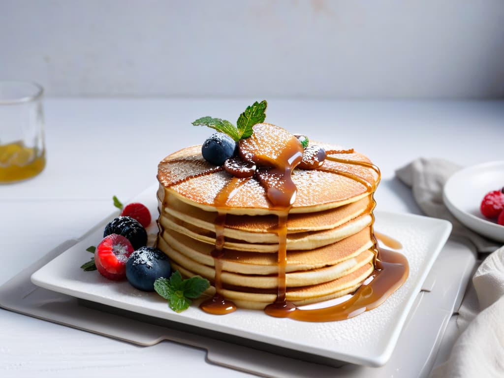  A closeup, ultradetailed image of a creamy, vegan coconut milk caramel being drizzled elegantly over a stack of fluffy vegan pancakes, surrounded by scattered fresh berries and mint leaves on a sleek, modern white plate. The caramel cascades down the sides of the pancakes, capturing the glossy texture and rich color of the sauce. Each element in the image is meticulously placed to create a visually striking and appetizing composition, highlighting the delicious potential of vegan condensed milk substitutes in creating mouthwatering dishes. hyperrealistic, full body, detailed clothing, highly detailed, cinematic lighting, stunningly beautiful, intricate, sharp focus, f/1. 8, 85mm, (centered image composition), (professionally color graded), ((bright soft diffused light)), volumetric fog, trending on instagram, trending on tumblr, HDR 4K, 8K