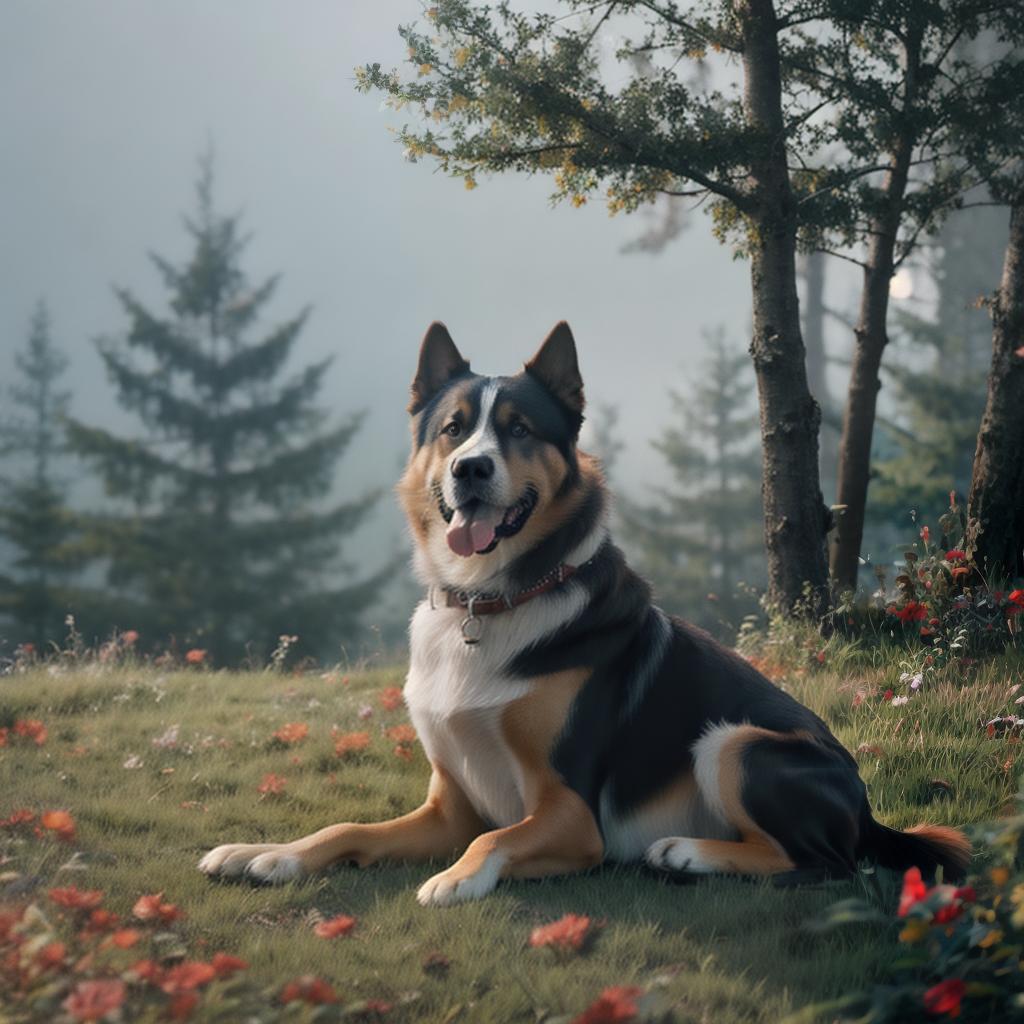  Create a image of dog hyperrealistic, full body, detailed clothing, highly detailed, cinematic lighting, stunningly beautiful, intricate, sharp focus, f/1. 8, 85mm, (centered image composition), (professionally color graded), ((bright soft diffused light)), volumetric fog, trending on instagram, trending on tumblr, HDR 4K, 8K