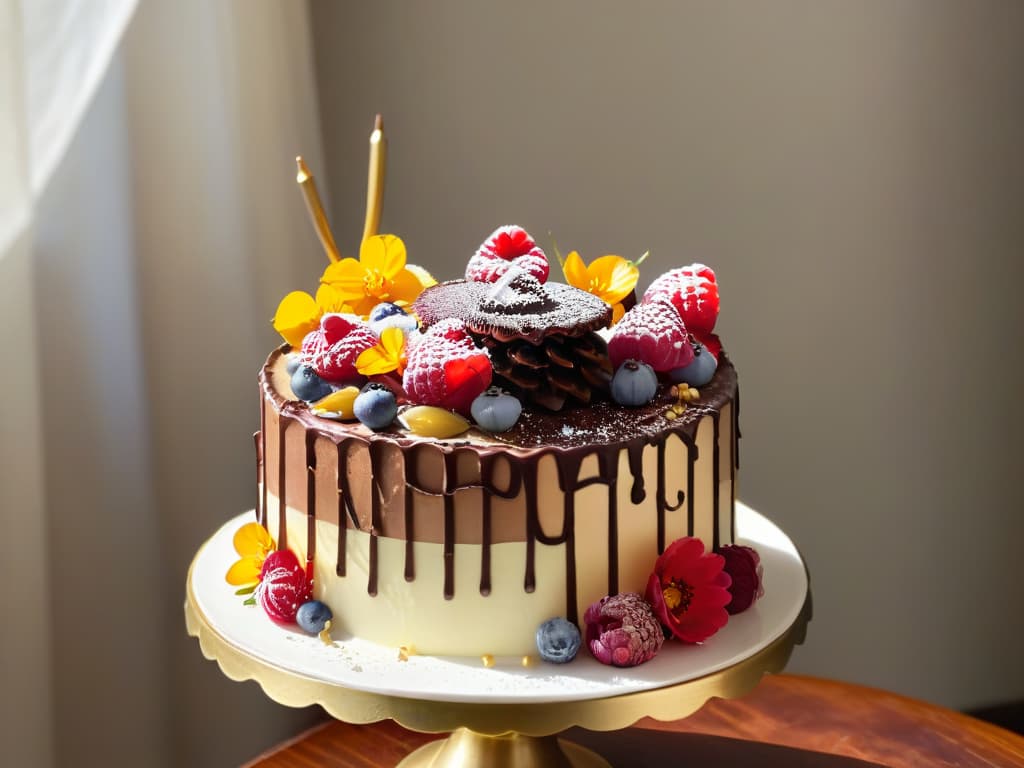  A closeup, photorealistic image of an intricately decorated multilayered cake showcasing a perfect balance of flavors with alternating layers of rich chocolate, tangy raspberry, creamy vanilla, and a hint of sea salt caramel, topped with delicate edible flowers and gold leaf accents. The cake is displayed on a marble cake stand under soft, natural lighting that highlights every detail of the exquisite confection. hyperrealistic, full body, detailed clothing, highly detailed, cinematic lighting, stunningly beautiful, intricate, sharp focus, f/1. 8, 85mm, (centered image composition), (professionally color graded), ((bright soft diffused light)), volumetric fog, trending on instagram, trending on tumblr, HDR 4K, 8K