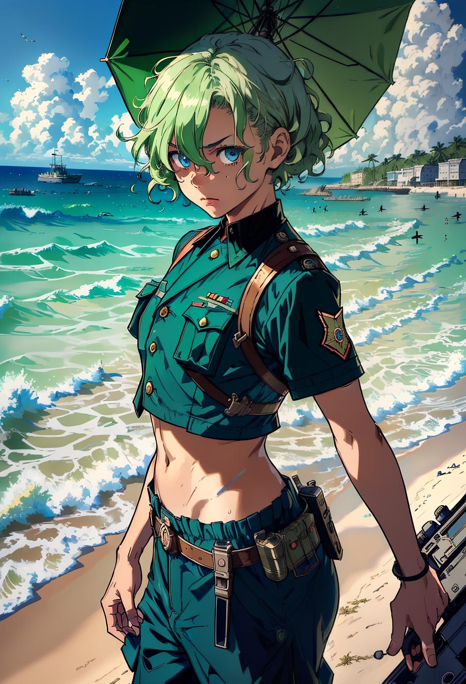  ((trending, highres, masterpiece, cinematic shot)), 1boy, young, female World War II outfit, beach scene, medium-length curly light green hair, hair covering one eye,  blue eyes, heroic personality, smug expression, dark skin, morbid, clever