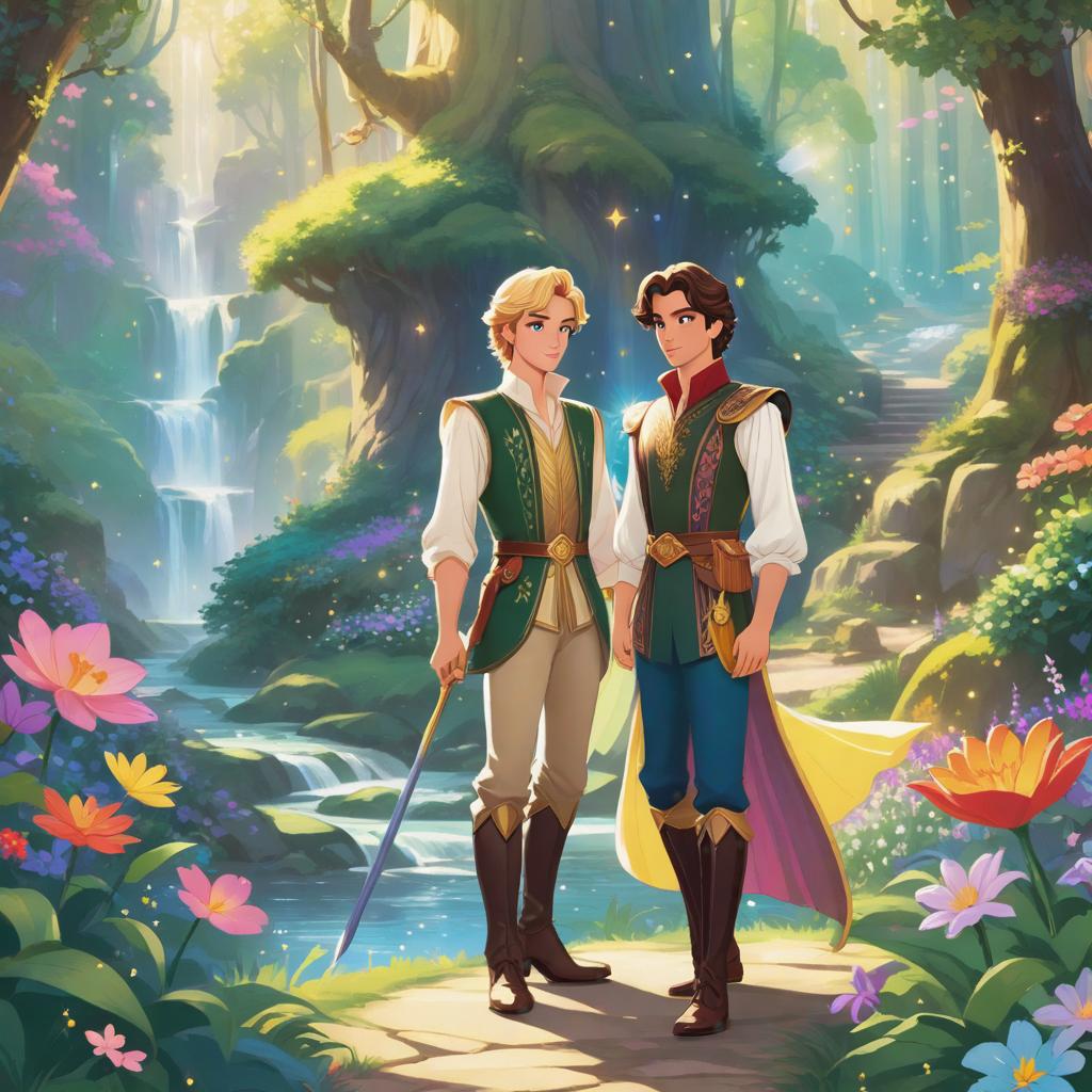  Image style: 'Dizney Ani Style'. Ilration style: The ilration style is vint and colorful, with a touch of whimsy and fantasy. Character: The prince and the fairy are seen standing together, looking determined and ready for an adventure. Place: They are in a magical forest, surrounded by tall trees, colorful flowers, and sparkling streams. Action: The prince and the fairy are holding hands, as if they are about to embark on a journey. Sch Bubble: "Let's stop the evil sorcerer and save the ren's stories!" Object Decoration: There are floating books and pages from ren's stories scattered around the scene. Facial expression: The prince has a determined and courageous expression, while the fairy has a mischievous and conf hyperrealistic, full body, detailed clothing, highly detailed, cinematic lighting, stunningly beautiful, intricate, sharp focus, f/1. 8, 85mm, (centered image composition), (professionally color graded), ((bright soft diffused light)), volumetric fog, trending on instagram, trending on tumblr, HDR 4K, 8K