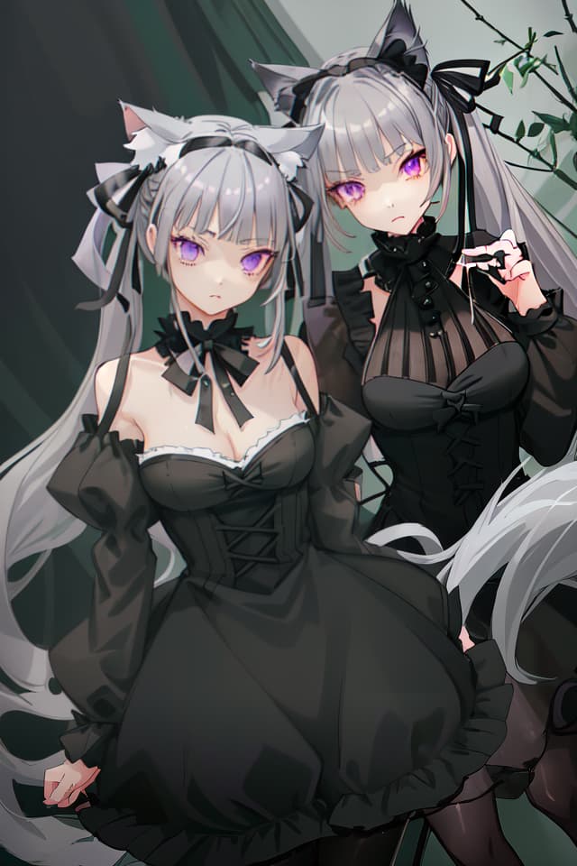  (Beautiful gray hair), cat ears, (large green ribbon on the hair), low ponytails, purple eyes, upper black, black knee length dresses, black tights, only upper body