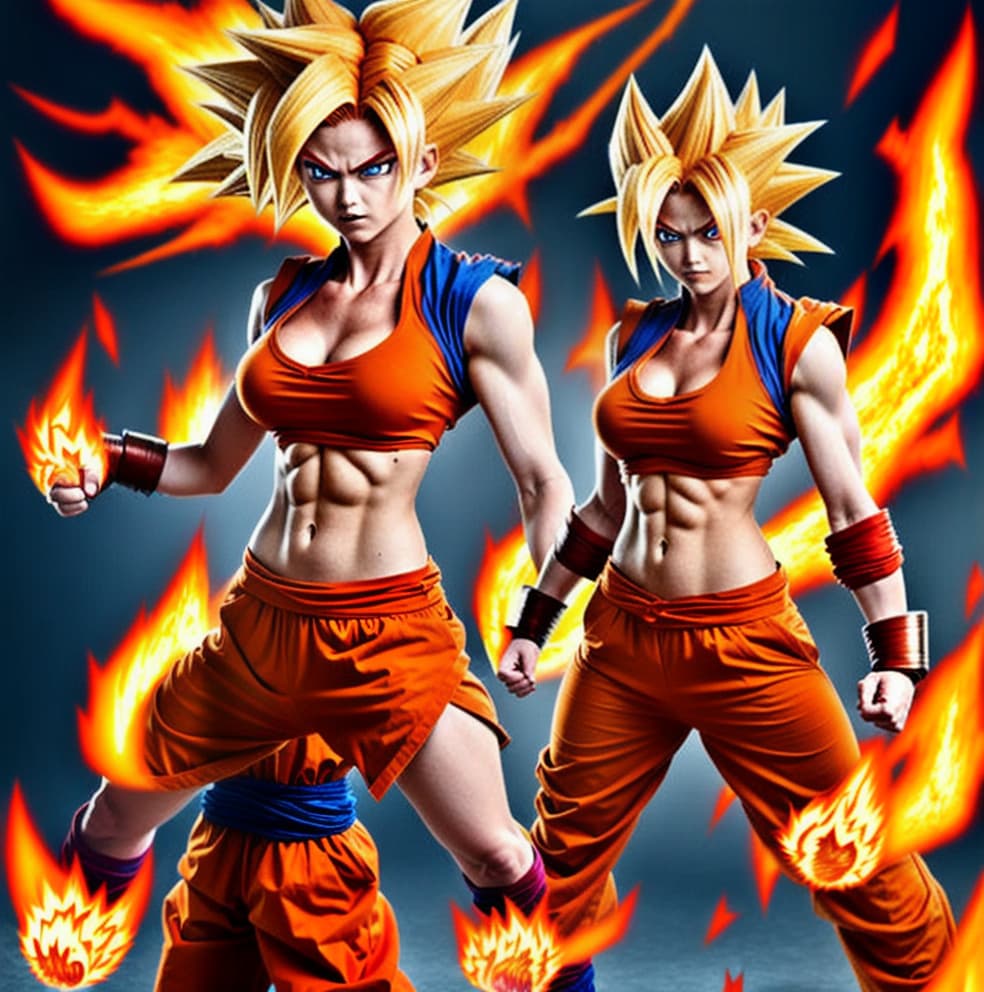  Female super sayan, red goku kostüm. Cute body. Sayan hair, fire eyes, fire hands, high resolution