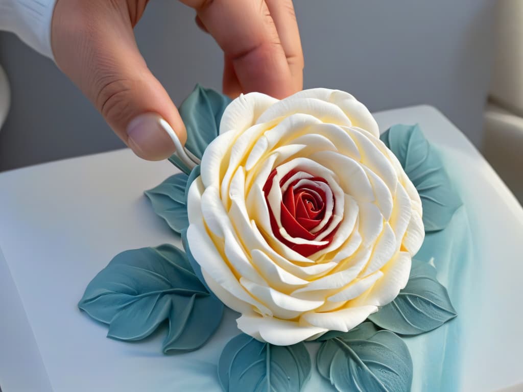  A closeup, ultradetailed image of a master sugar sculptor's hands delicately shaping a lifelike rose out of glistening sugar paste. The hands are focused and steady, capturing the intricate process of molding the delicate petals with precision and skill. The backdrop is a soft, neutral gray, emphasizing the elegance and artistry of the sculptor's craft. hyperrealistic, full body, detailed clothing, highly detailed, cinematic lighting, stunningly beautiful, intricate, sharp focus, f/1. 8, 85mm, (centered image composition), (professionally color graded), ((bright soft diffused light)), volumetric fog, trending on instagram, trending on tumblr, HDR 4K, 8K