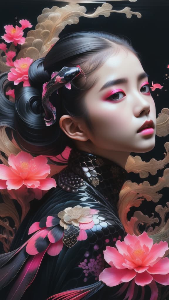  photo RAW, (Black, neon pink and magenta : Portrait of 2 ghostly long tailed black koi, (hispanic brown woman:1.5), shiny aura, highly detailed, black pearls, gold and coral filigree, intricate motifs, organic tracery, Kiernan Shipka, Januz Miralles, Hikari Shimoda, glowing stardust by W. Zelmer, perfect composition, smooth, sharp focus, sparkling particles, lively coral reef colored background Realistic, realism, hd, 35mm photograph, 8k), masterpiece, award winning photography, natural light, perfect composition, high detail, hyper realistic