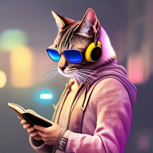 nvinkpunk Realistic image of a cat wearing headphones and reading glasses while riding a bus., baroque hyperrealistic, full body, detailed clothing, highly detailed, cinematic lighting, stunningly beautiful, intricate, sharp focus, f/1. 8, 85mm, (centered image composition), (professionally color graded), ((bright soft diffused light)), volumetric fog, trending on instagram, trending on tumblr, HDR 4K, 8K